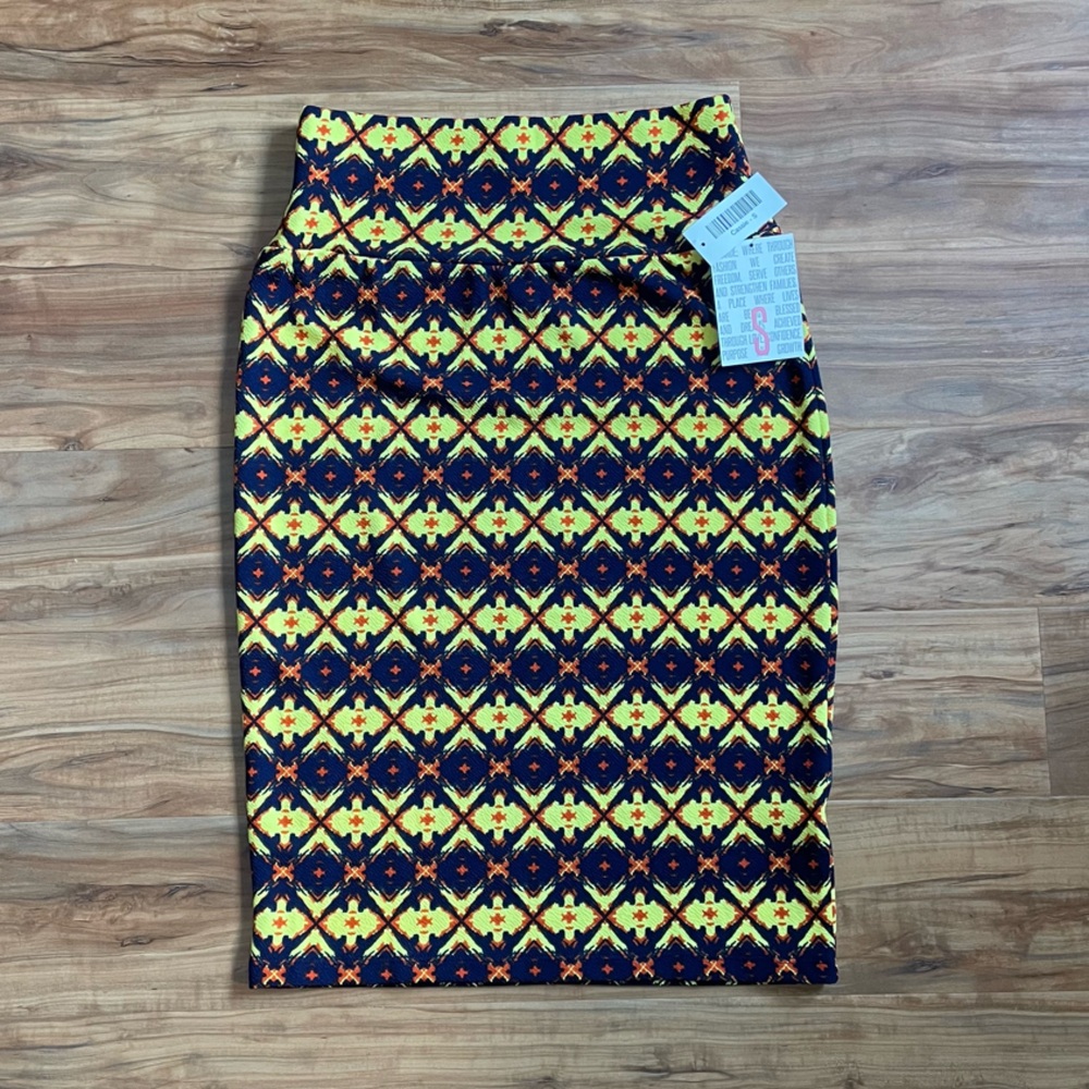 LuLaRoe S Cassie Yellow Blue Midi Pencil Skirt